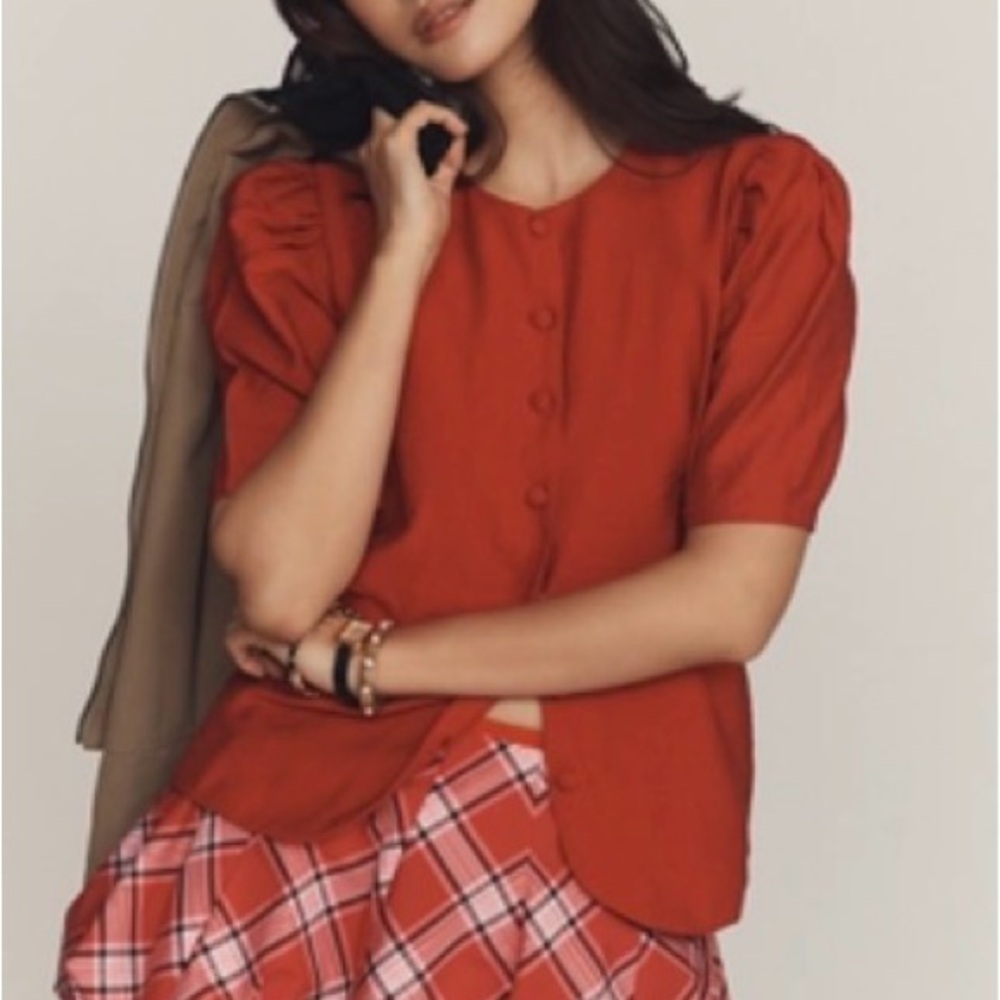 MAEVE PUFF-SLEEVE BUTTON-FRONT TOP